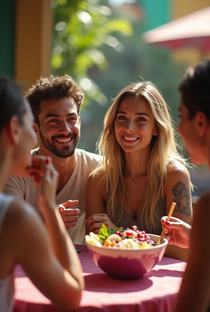 Realistic Man and Girlfriend 25-35 years old, In Mexico blonde hair brown eyes eating acai from a bowl , with friends Ultra HD, high qualiy, best qualityer, high resolution, 8k, 16K