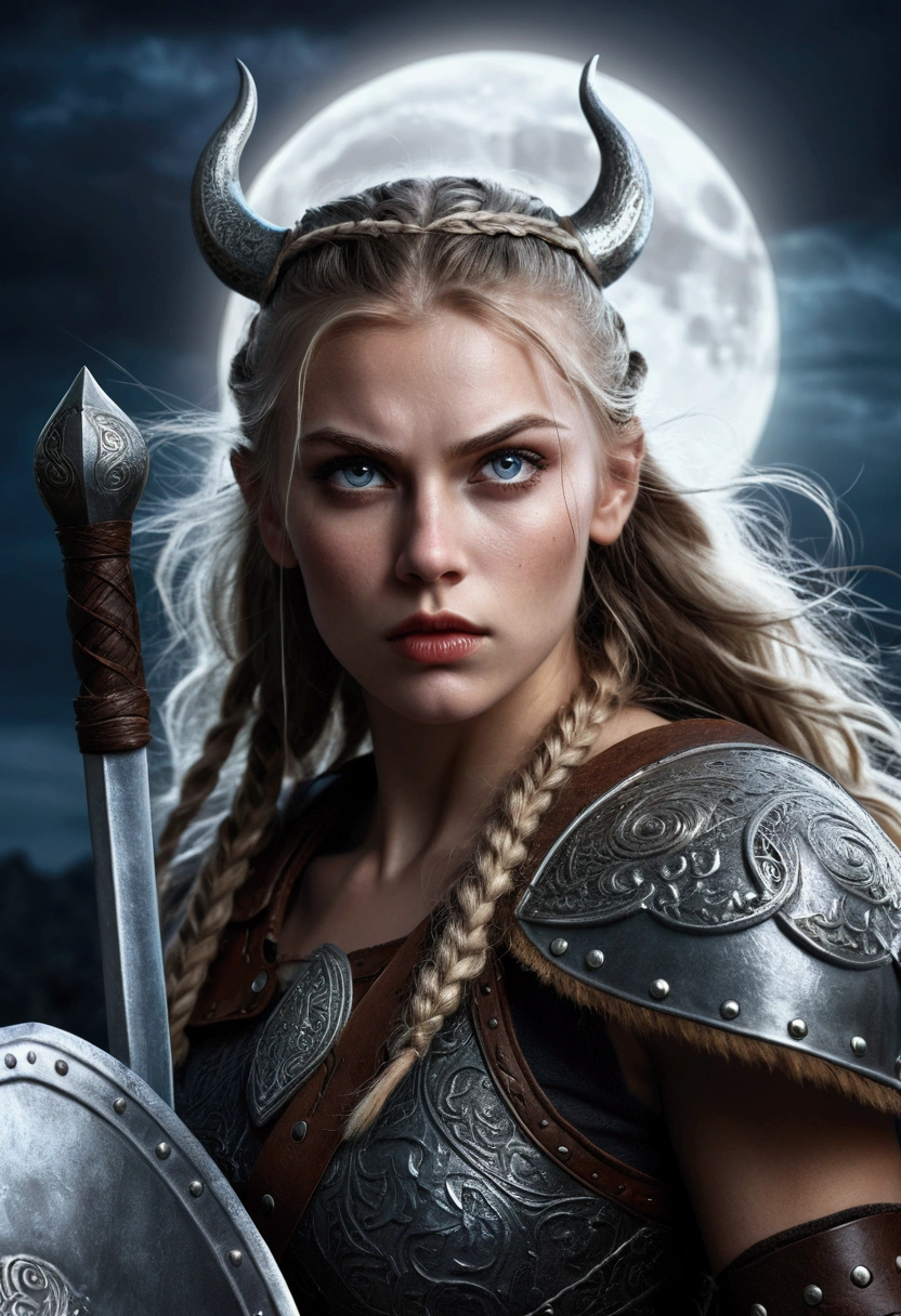 a fearless and beautiful viking warrior, beautiful detailed eyes, beautiful detailed lips, extremely detailed eyes and face, long eyelashes, holding sword and shield, fighting against demons of darkness, full moon in night sky, dark moody atmosphere, dramatic lighting, cinematic, epic fantasy, highly detailed, 8k, photo realistic, digital art
