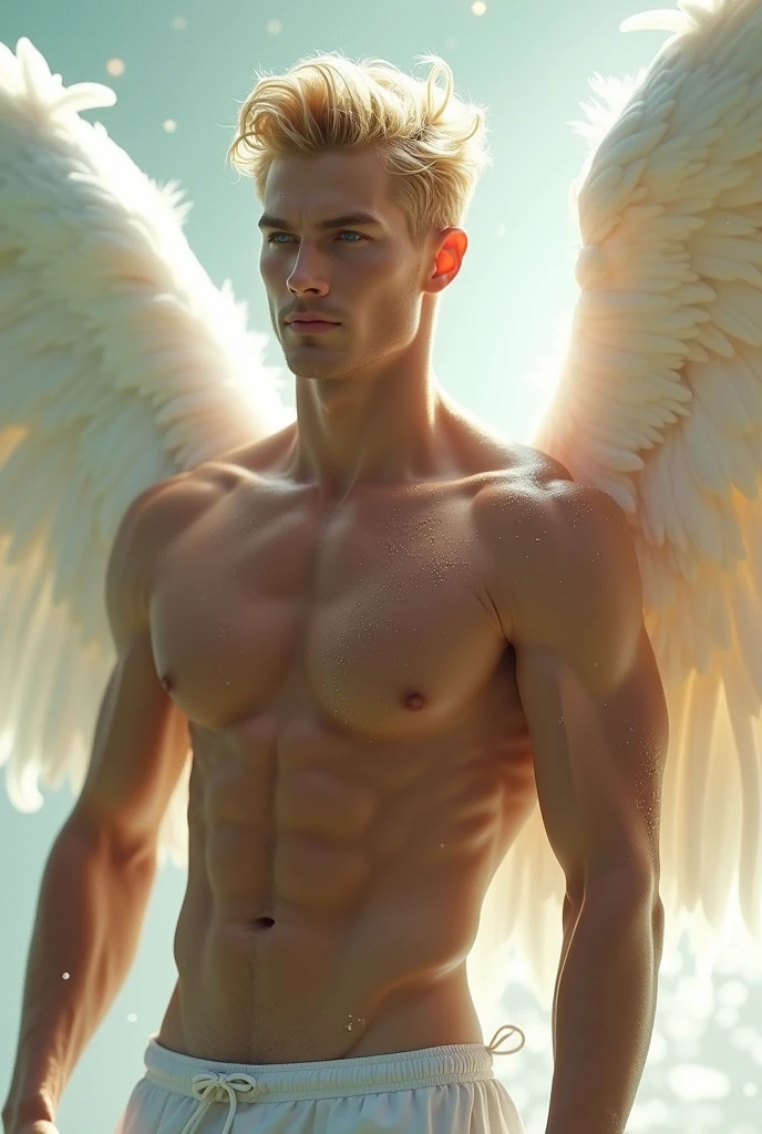 Nude muscular young blonde Caucasian man　An angel with big white wings　Wearing a see-through bikini　the body is wet with water