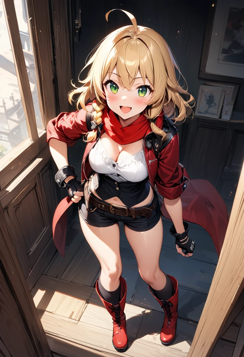 (masterpiece),(best quality),(ultra-detailed),(best illustration),(best shadow),(absurdres),(detailed background),(very aesthetic), 1girl, solo, blonde-hair, braid, boots, ahoge, shorts, gloves, fingerless-gloves, open-mouth, belt, socks, red-jacket, smile, breasts, black-socks, scarf, single-braid, reverse-grip jacket, side-braid, cleavage, medium-breasts, simple-background, kneehighs, green-eyes, looking-at-viewer, cropped-jacket, red-scarf, bandana, red-footwear, kirisame-marisa, blush, knee-boots, standing, short-hair, open-jacket, shirt, black-gloves, :d, short-shorts, short-sleeves