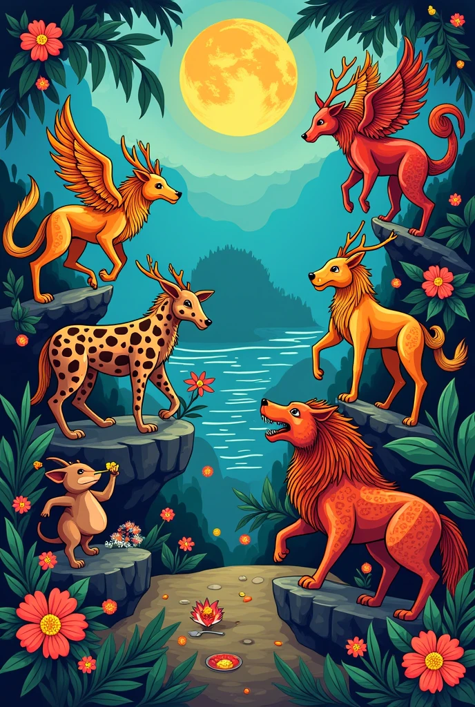 Brazilian Folklore Week 19/08/2024 a 23/08/2024
🎨 Exposição
🎨 Oficina de Pintura
📚 Contação de Histórias
Venha celebrar e valorizar a riqueza do folclore brasileiro conosco!
Based on this information, create an illustration in banner format and place characters from Brazilian folklore such as the cuca saci Boitatá Curupira Iara werewolf