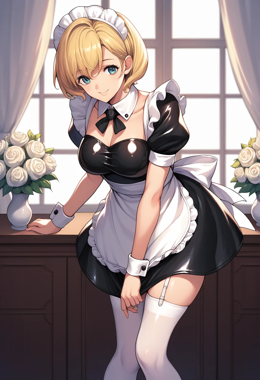 score_9, score_8_up, score_7_up, source_anime, 1girl, leaning forward, smile, bangs, breasts, maid headdress, maid, frills, latex dress, shinny, black dress, detached collar, puffy short sleeves, wrist cuffs, apron, white thighhighs, wavy short hair, blonde hair, looking at viewer,