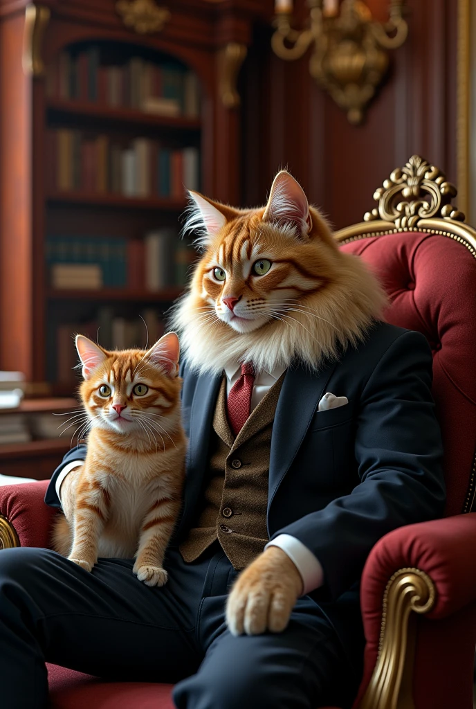 Very rich Siberian cat wearing elegant suit sitting on a luxurious chair in his office and next to him is a realistic Siberian female cat, real, high resolution detail, full picture as real life