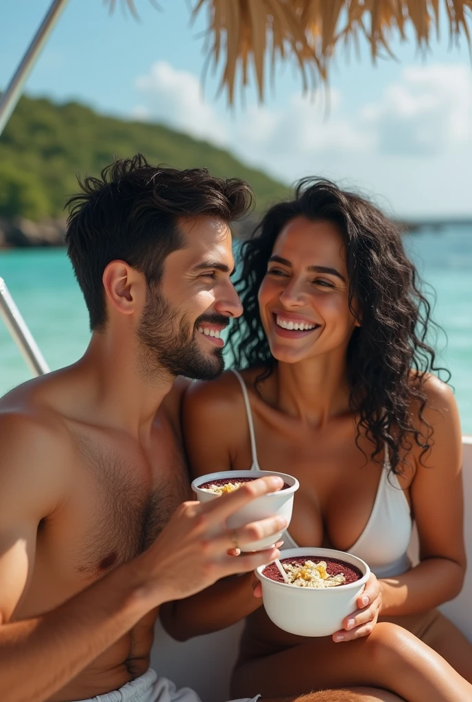 Realistic man and wife 25-35 years old, On the Caribbean boat, black hair, brown eyes, eating açaí , with friends Ultra HD, high qualiy, best qualityer, high resolution, 8k, 16K