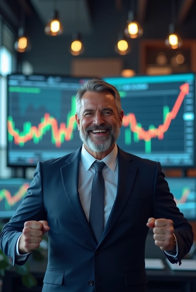 Image Description:
charachter: A smiling man, appearing to be in an adult group, wearing business clothes such as a suit and tie.
enviroment: He may be in a modern office, with graphs and computer screens in the background showing stock charts and market trends.
expression: The man should display an expression of happiness and satisfaction, perhaps with a gesture of victory, like raising your fist or smiling broadly.
Elementos visuais: Include graphs or computer screens with positive financial data, as an upward growth line.