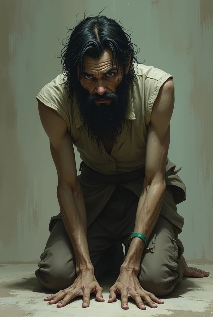 Juan is a tall, thin man., with dark hair . His green eyes are surrounded by dark circles, which reveals his tiredness and hopelessness. He has a beard of several days. kneeling on the floor