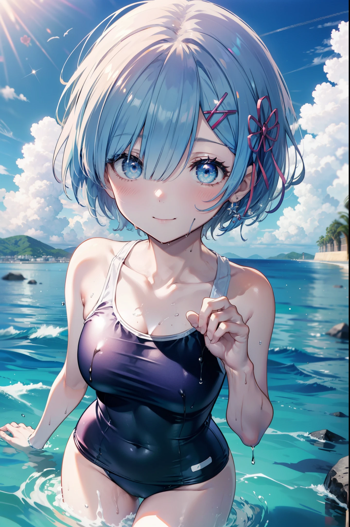 rezeroRem, Rem, blue eyes, Blue Hair, hair ornaments, Hair on one eye, hair ribbon, short hair, x hair ornaments,School Swimsuit,barefoot,Water Play,Wet Hair,Wet swimsuit,Wet Skin,True Summer,Clear skies,Daytime,smile,whole bodyがイラストに入るように,
break outdoors, Ocean,
break looking at viewer, whole body, (Cowboy Shot:1. 5),
break (masterpiece:1.2), Highest quality, High resolution, unity 8k wallpaper, (figure:0.8), (Beautiful attention to detail:1.6), extRemely detailed face, Perfect lighting, extRemely detailed CG, (Perfect hands, Perfect Anatomy),