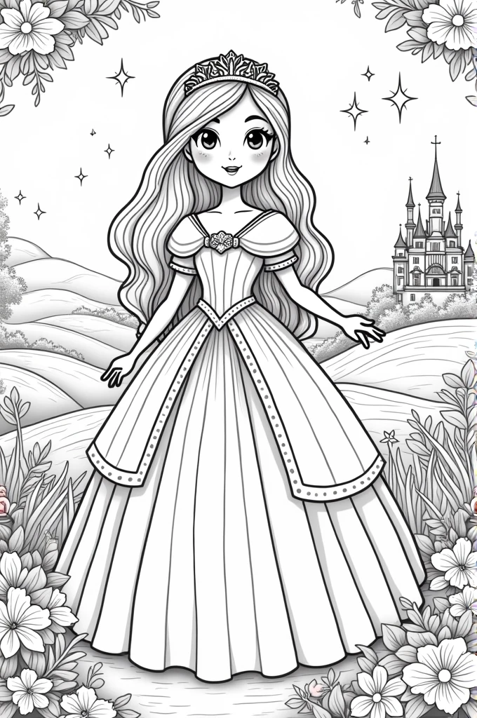 Generate a princess coloring page for me
, in great detail, shadows for children aged 6 to color, Remembering that it will be in black and white