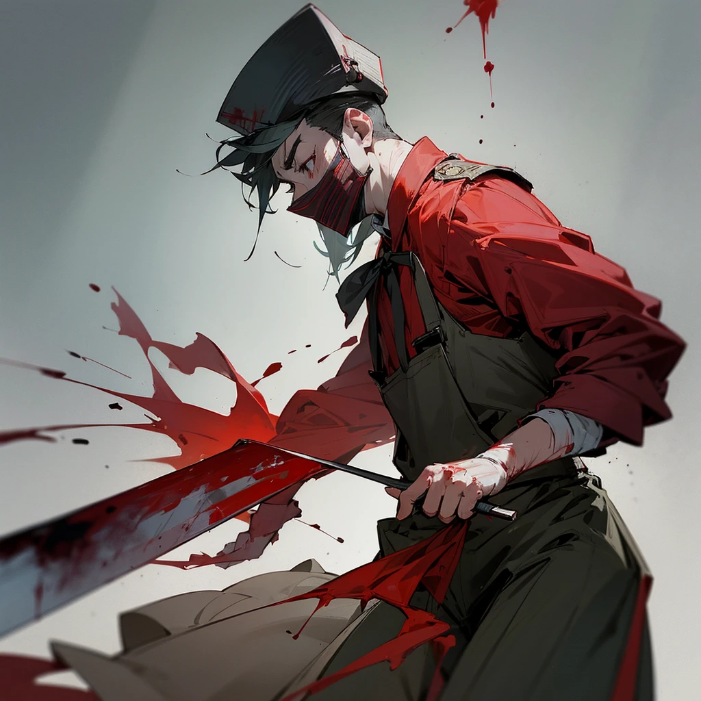 Butcher with a skin mask, standing menacingly, low view, holding butcher knife, blood