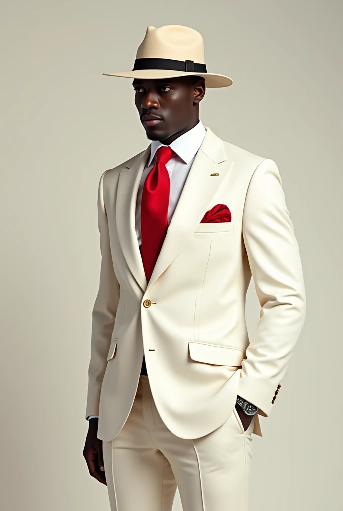 BLACK MAN WITH PANAMA HAT WHITE SUIT RED TIE RED SCARF IN POCKET