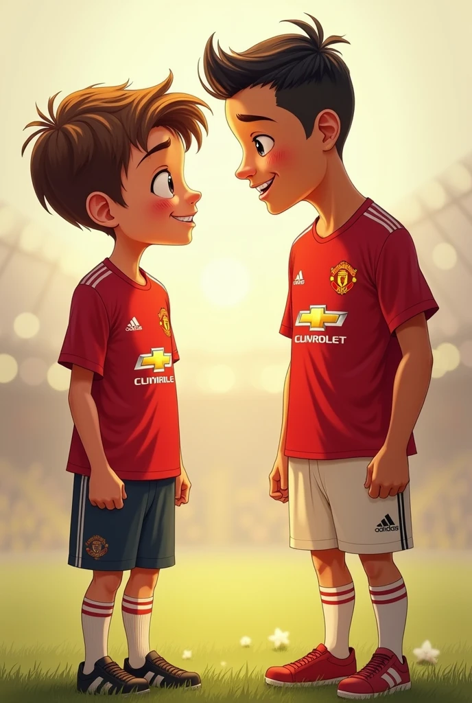 A footballer boy with his idol Ronaldo. Ronaldo’s with shirt logo: Manchester United. Face to face . Cute Cartoon
