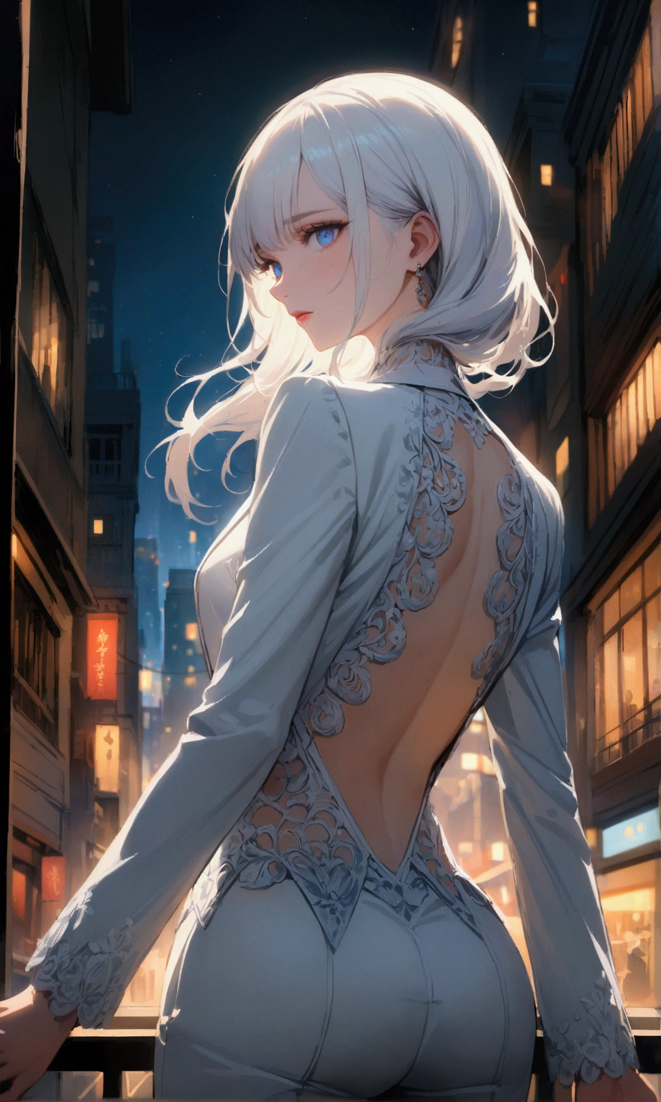 A woman with long white hair and blue eyes wearing a white suit turns her back in the middle of the city at night.