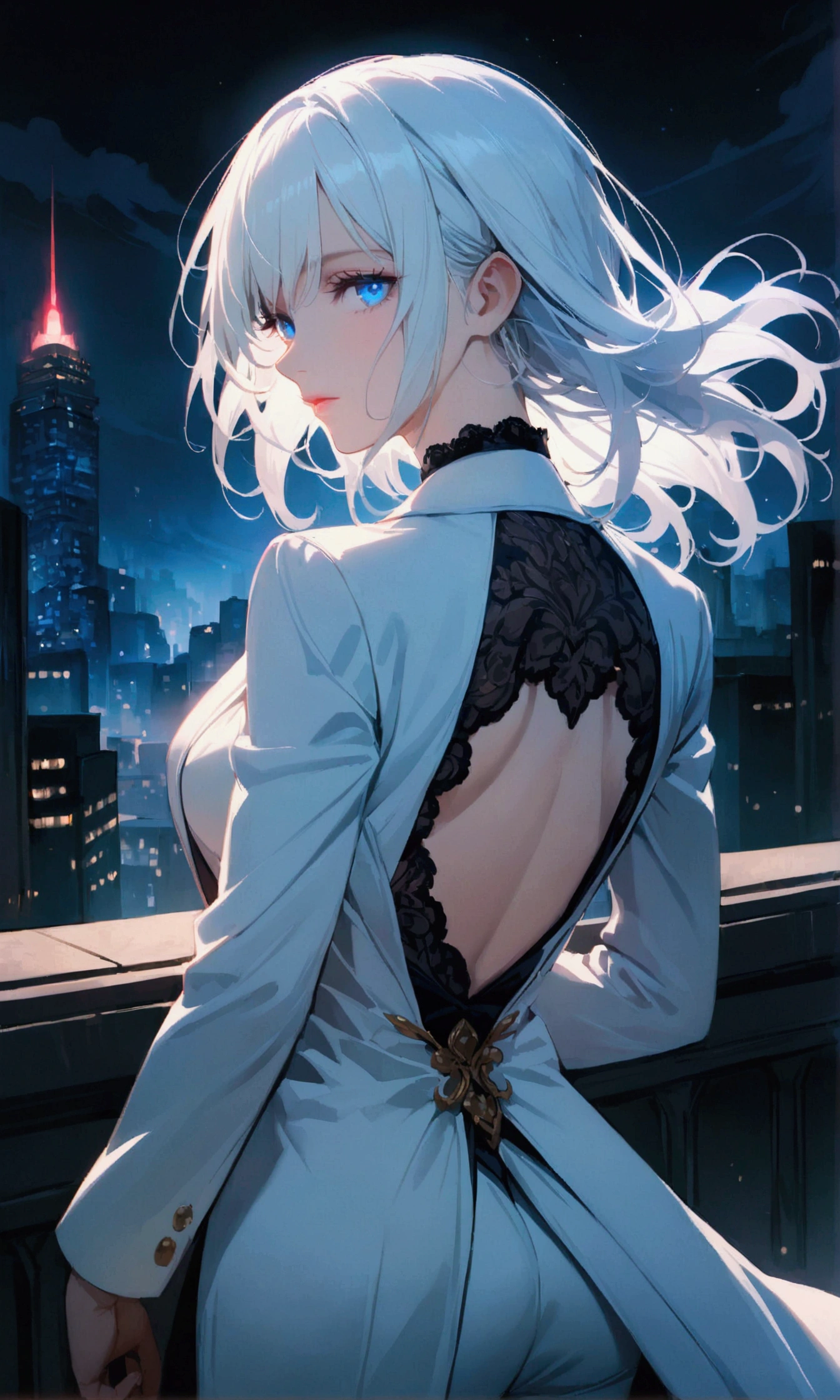 A woman with long white hair and blue eyes wearing a white suit turns her back in the middle of the city at night.