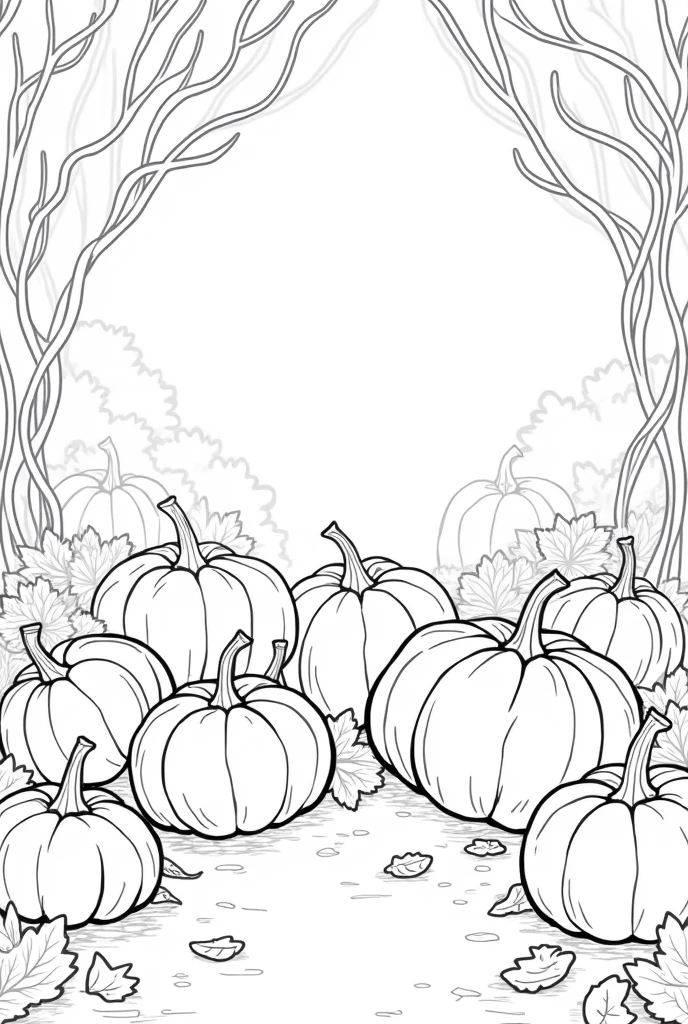 non-coloured, coloring pages for adults, an image of a lush pumpkin patch with pumpkins, sprawling vines, and a few pumpkins rolling away, cartoon style, thick lines, low detail, black and white, no shading,