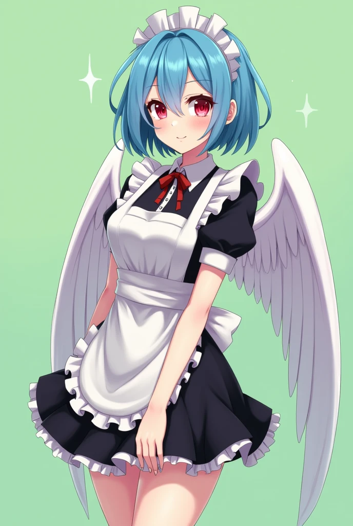 Maid cafe maid with short blue hair, Red eyes, a sensual and happy expression, age range between 18 and 26 years, with angel wings, black uniform without buttons, that the full body is shown, anime style completely in 2D, with pastel colors, with a completely flat and green background