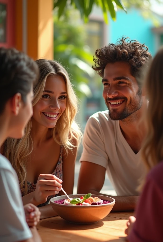 Realistic Man and Girlfriend 25-35 years old, In Mexico blonde hair brown eyes eating acai from a bowl  , with friends Ultra HD, high qualiy, best qualityer, high resolution, 8k, 16K
