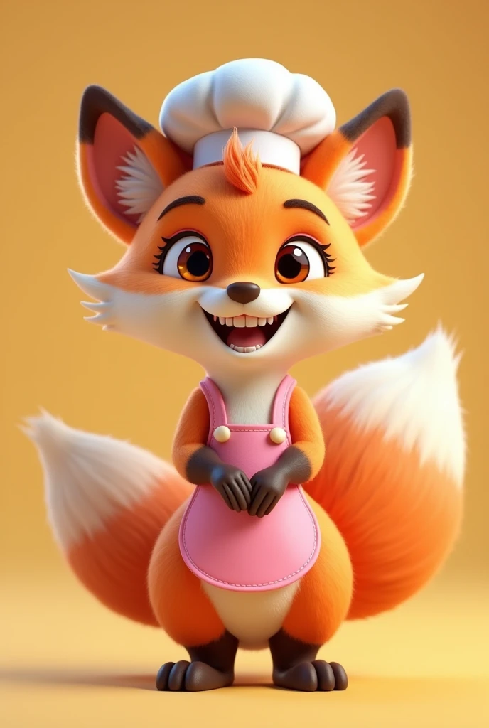 name: Foxy Frizz Style: Disney Pixar 3D Personality: friendly, Cunning, passionate about cooking and decorating. Appearance: colors: Vibrant shades of orange and white, pink details. Accessories: chef hat, avental rosa com pink details, and kitchen utensils (like a spatula or wooden spoon). Expressions: warm smile, olhos grandes e brilhantes. Activities and Poses: cozinhando (stirring a pan, preparing a dish). Decorating (holding a plant or setting a table). Giving home tips (pointing to a tip board). Interactivity on the Website: Hover animations (wink, TO WAVE, dance). Friendly messages and helpful tips.