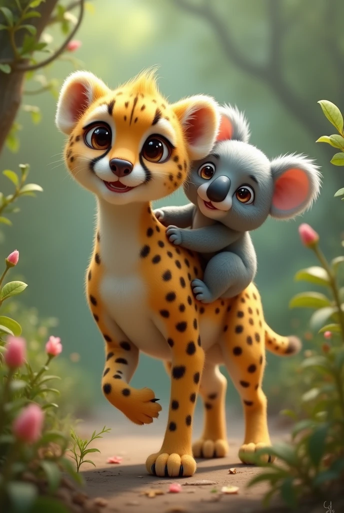 creates a baby cheetah being ridden from behind by a baby koala