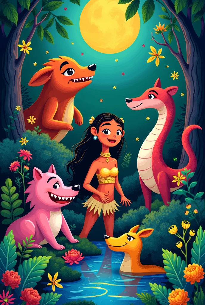 
Brazilian Folklore Week Based on this information, create an illustration in banner format and place characters from Brazilian folklore such as the cuca saci Boitatá Curupira Iara werewolf