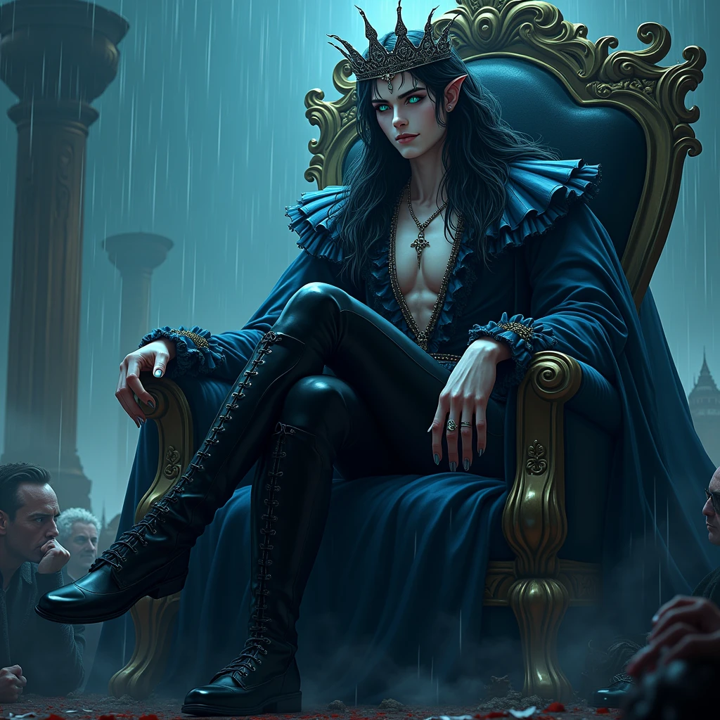 Long black hair. Teal blue eyes, Male, Blue and black frilly gothic clothes. Crown. Surrealism, Sexy, Masterpiece, Shiny. Midnight. Russia. Raining outside. 8k, super detail, Shiny, Beautifully detailed, Pretty drawn. Sexy pose, hot. Anime. Seductive pose. Vampire. Sitting on his throne and crossing his legs in a sultry way. Looking down and smirking with a malicious expression. Long Shiny Boots. black shiny leather jeans. attractive and delicate facial features. saying "kneel down". Anime style. People are kneeling and bowing down in front of him in horror and begging for mercy. Some of them serve him.