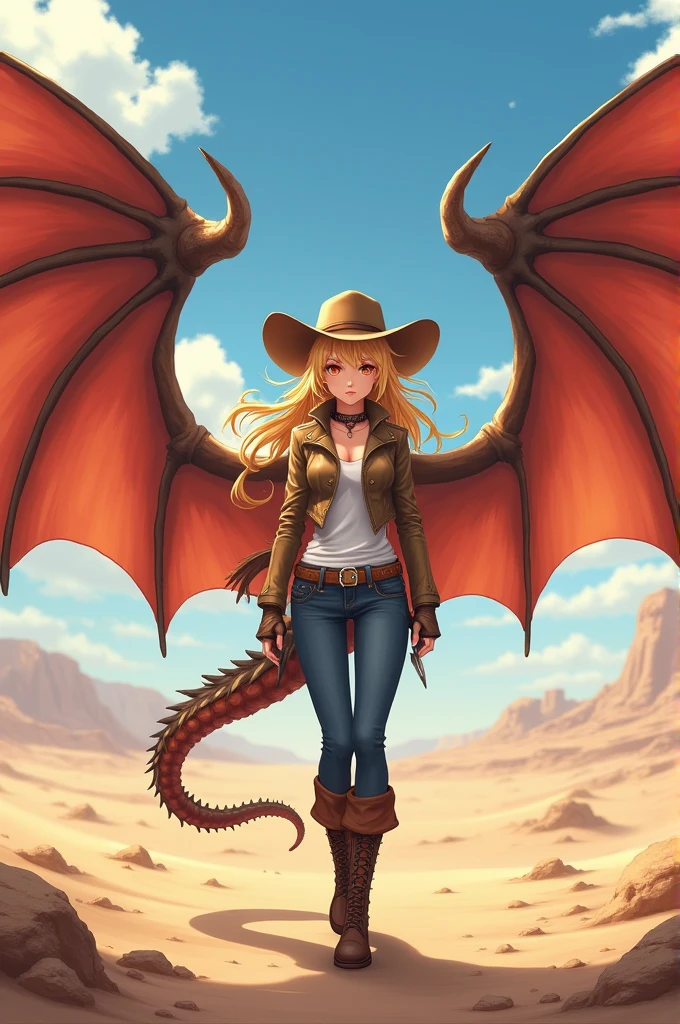 Anime girl, realistic, 1girl, blonde hair, beautiful eyes, cowgirl hat, dragon wings, desert dragon, full body, pants, boots, opened wings