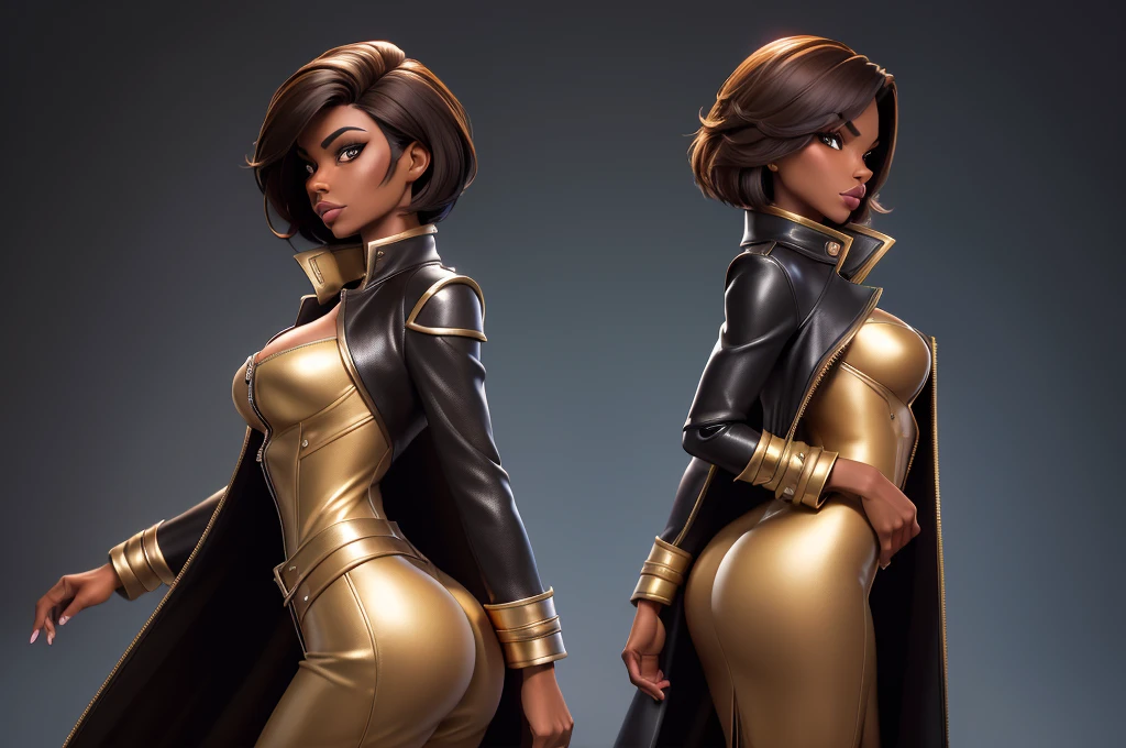 obra prima, melhor qualidade, ((only one woman,)) ((harris faulkner, dark black skin, short brown bob hair, heavy makeup eye shadow)) (((wearing gold chrome leather long overcoat,))) (((overcoat is zipped up, overcoat covers waist and ass,))) ((overcoat has padded shoulders,)) ((overcoat has stiff high collar,)) body is very skinny, ((standing up, arched back, sexy pose,)) (((camera side view, view of high upper body,))) shallow depth of field, highres, HD, 8k, anatomically correct