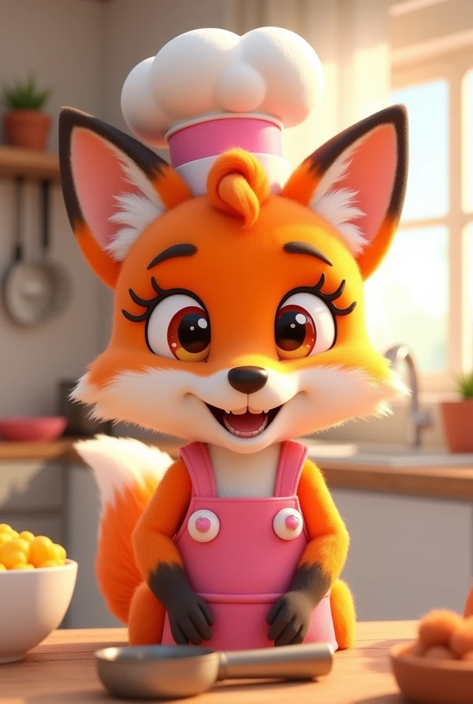 name: Foxy Frizz Style: Disney Pixar 3D Personality: friendly, Cunning, passionate about cooking and decorating. Appearance: colors: Vibrant shades of orange and white, pink details. Accessories: chef hat, avental rosa com pink details, and kitchen utensils (like a spatula or wooden spoon). Expressions: warm smile, olhos grandes e brilhantes. Activities and Poses: cozinhando (stirring a pan, preparing a dish). Decorating (holding a plant or setting a table). Giving home tips (pointing to a tip board). Interactivity on the Website: Hover animations (wink, TO WAVE, dance). Friendly messages and helpful tips.