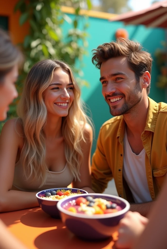 Realistic man and wife 25-35 years old, At the acai shop ,brown hair eating acai , with friends Ultra HD, high qualiy, best qualityer, high resolution, 8k, 16K
