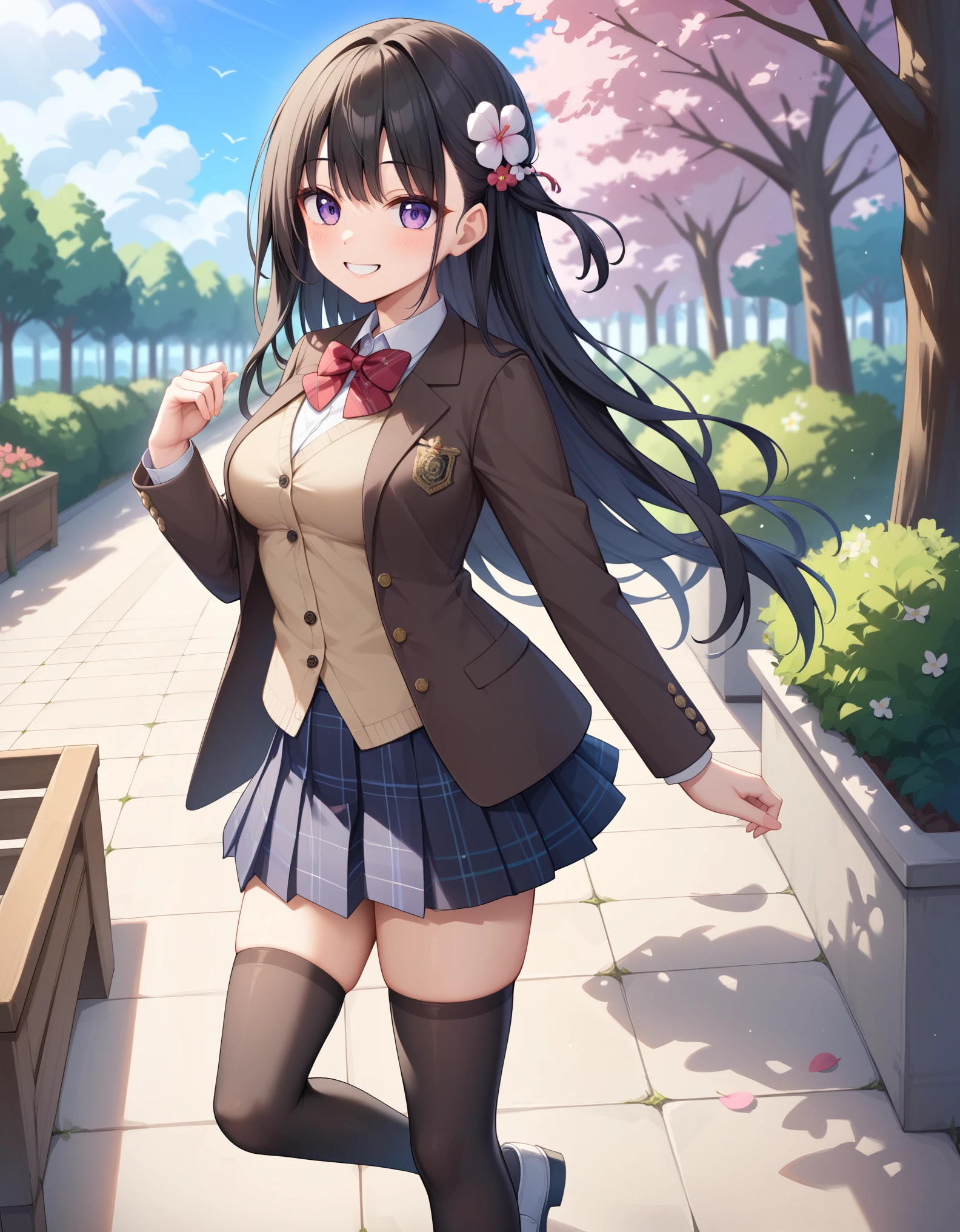 masterpiece, best quality,1girl, medium breasts hd, detailed purple eyes, black hair, long hair, smile, happy, hair ornaments, flower hair ornaments, school uniform, brown blazer, closed jacket, collared shirt,red bowtie, brown plaid skirt, black thighhighs, white shoes, standing, outdoor, park