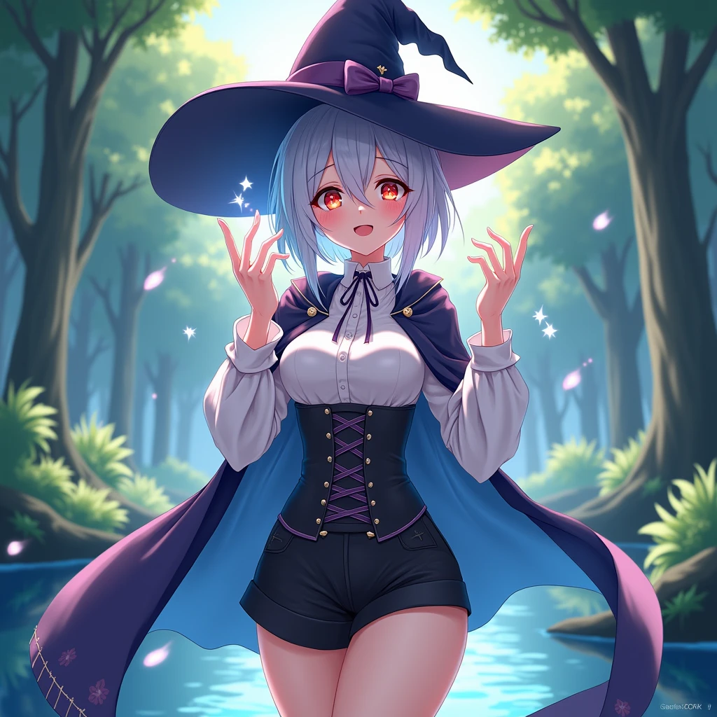 Highest quality、High resolution、8k、masterpiece、((Anime Style))、
Vibrant colors、World-class professional animators、
(Beautiful Face、Beautiful Eyes、Beautiful Nose、Beautiful Lips)、
Sharp focus、Bright colors、Cinema Lighting、
A scene from a movie、Sparkling eyes、Better Hands、
、witchの帽子、witch、Magical girl、
Silver Hair、Red Eye、Hair between the eyes、White blouse、
corset、Black shorts、
Cape、Long Hair、cute、
Lace-up shoes、Full Body Shot、
lake、in the forest、Standing、View from the front