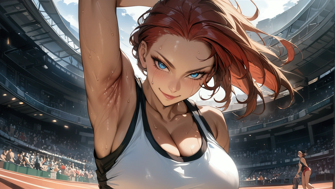 1woman,milf,mature_woman,looking_at_viewer,brown_skinned,brown_skin,tomboy,tank_top,breast,big_breasts,armpit,armpit_crease,presenting_armpit,smirk,sweat,cleavage,,forehead,sporty,solo,red_hair,(masterpiece,4K,detailed,UHD,HDR,best quality),cowboy_shot,nijiart,smirk,blue_eyes,nijisuper,realistic