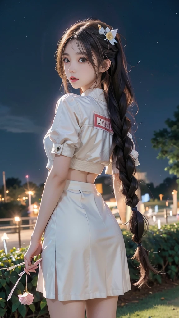 ulzzang-6500-v1.1, (RAW photo: 1.2), (Real photo), (Real photo: 1.4), 1 girl、Perfect anatomy、19 years old、Looking at the camera、((from behind), Medium length hair、side braid, short white uniform skirt, holding a bouquet of roses at night, under the starry night sky, ((in the park: 1.1))、(Business service)、Asian eyes Ella,