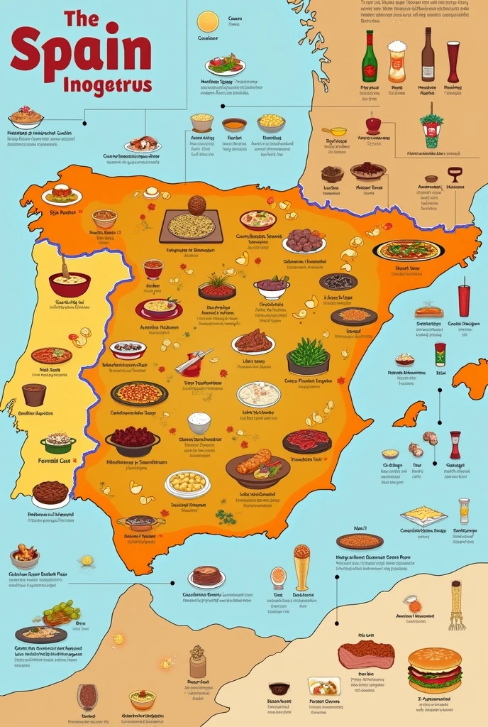 Create a cartographic infographic showing the most representative foods of Spain. It must contain all the elements that a cartography contains 2 Delivery in JPG, tabloid size