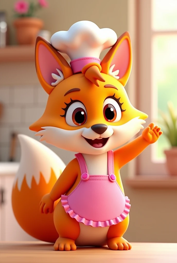 name: Foxy Frizz Style: Disney Pixar 3D Personality: friendly, Cunning, passionate about cooking and decorating. Appearance: colors: Vibrant shades of orange and white, pink details. Accessories: chef hat, avental rosa com pink details, and kitchen utensils (like a spatula or wooden spoon). Expressions: warm smile, olhos grandes e brilhantes. Activities and Poses: cozinhando (stirring a pan, preparing a dish). Decorating (holding a plant or setting a table). Giving home tips (pointing to a tip board). Interactivity on the Website: Hover animations (wink, TO WAVE, dance). Friendly messages and helpful tips.