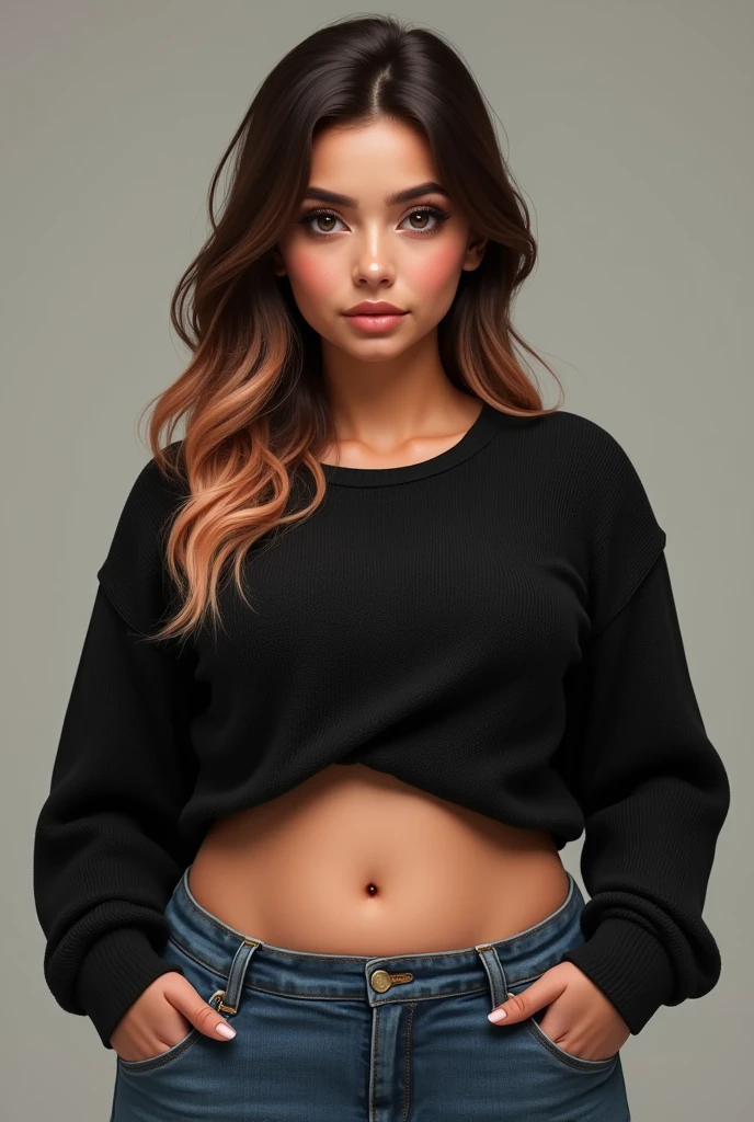 a girl that is 4'9 feet. She has dark brown hair but peach lines also. She is wearing jeans. She chunky, big, and fat. she is wearing a black knitted long sleeve shirt but the shirt is showing a little bit of only her belly button. Her hair is going straight down and not curly. It is a real life person and she is light brown skinned. and she is Mexican. And has makeup on. She has big eyes and a big head. And doesn't have big eyebrows. Not cartoon style. She has a big forehead