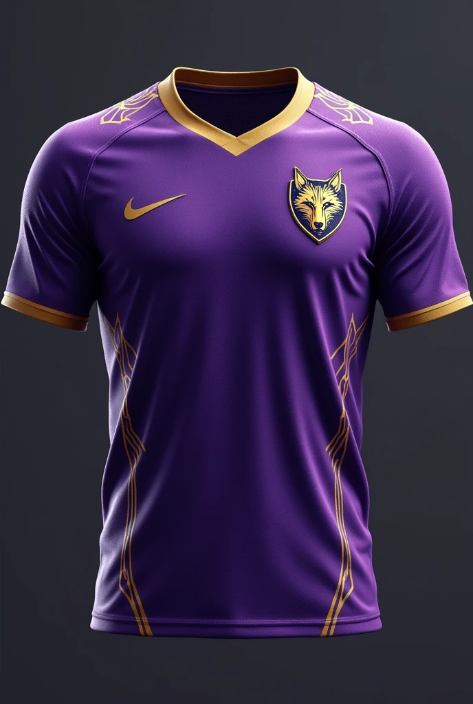 Create a team shirt in purple with gold details , and put a small wolf shield as a coat of arms on the blouse and make sure it is made of a great fabric 

