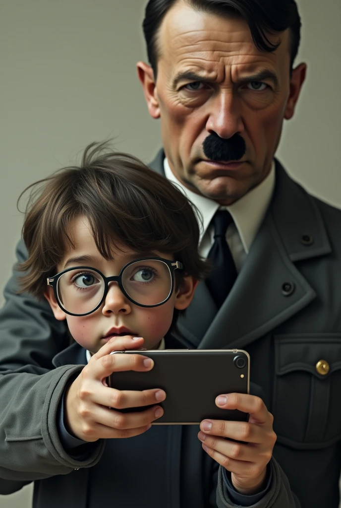 Long-haired boy with glasses taking a selfie with Hitler in the foreground 