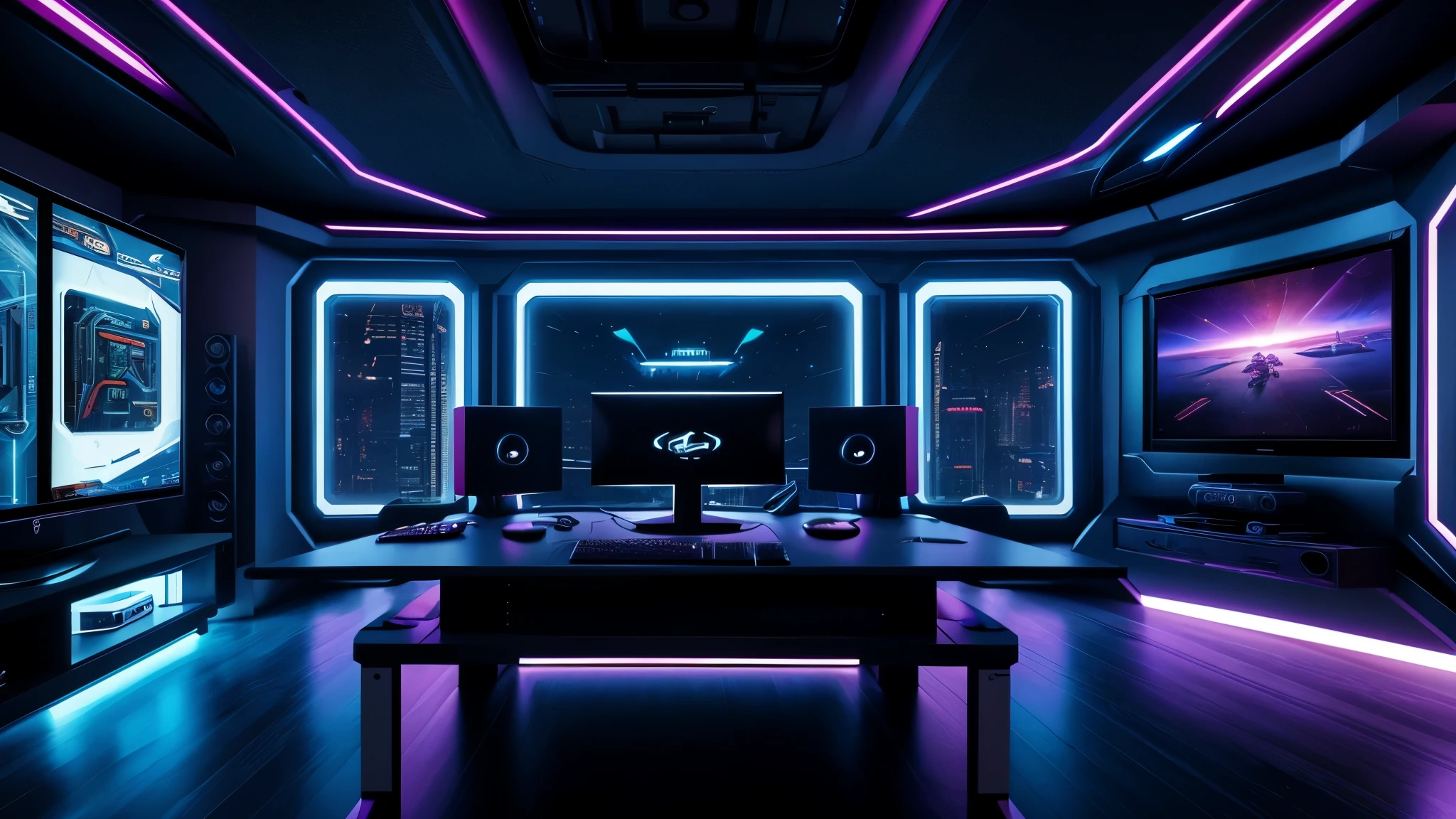 scifi, cyberpunk, futuristic, pc gaming room, hightech, daylight, very cozy, much space, wide angle, a lot of tech, 3 flat curved monitors, monitor ratio 21:9, hightech gaming-chair, monitor size 34 zoll, realistic view, ambient light, chilled ambient, year 2124, cinematic