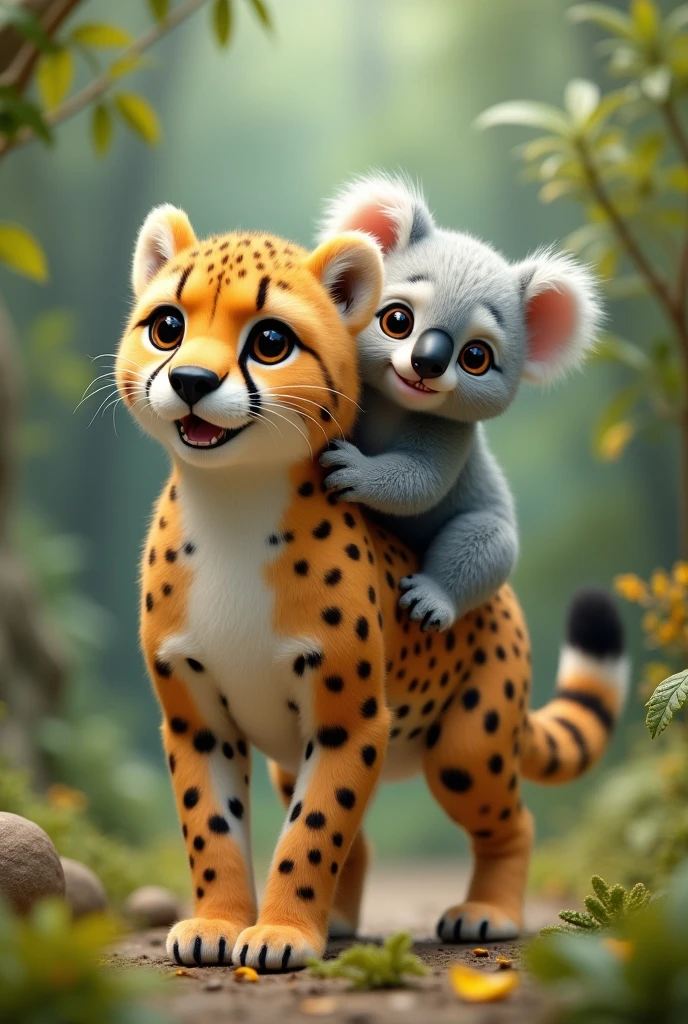 creates a baby cheetah being ridden from behind by a baby koala