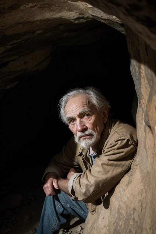 old man with pickaxe old west cave face