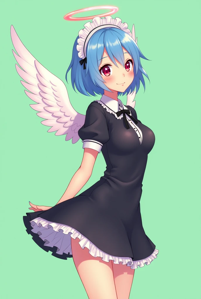 Maid cafe maid with short blue hair, Red eyes, a sensual and happy expression, age range between 18 and 26 years, with angel wings, black uniform without buttons, that the full body is shown, anime style completely in 2D, with pastel colors, with a completely flat and green background