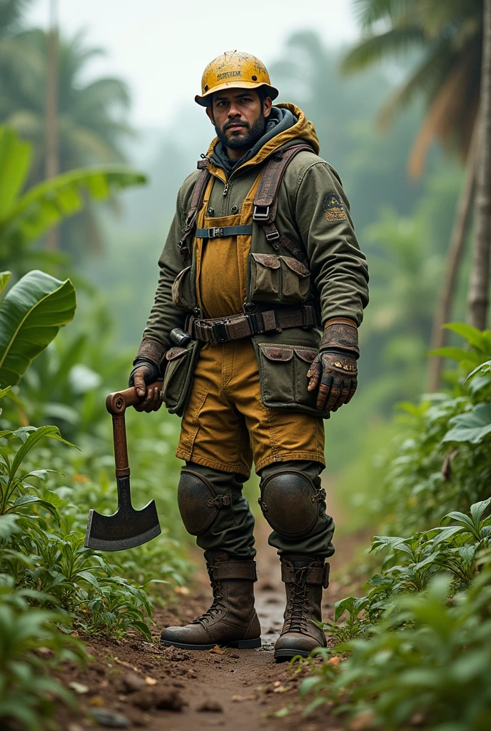 a worker in the field, holding a machete in one hand. The worker is fully equipped with personal protective equipment, which include a helmet, tough boots, shin guards, long-sleeve shirt, gloves, and trousers suitable for outdoor work. The environment is rural, with vegetation