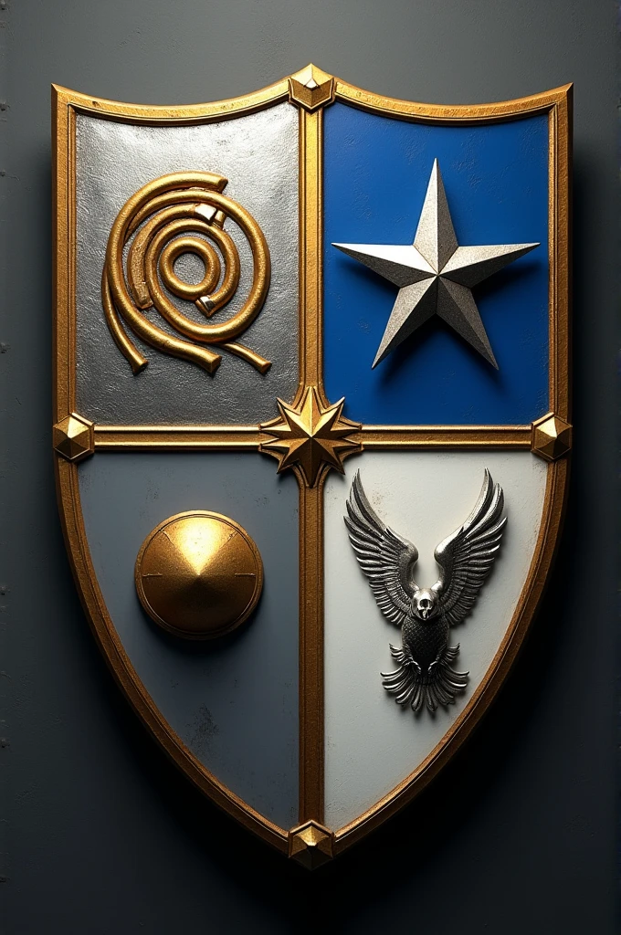 Coat of arms in the shape of a shield, divided into four quadrants. *Upper Left Quadrant:* A silver field with a golden spiral. *Upper Right Quadrant:* A field of deep blue with a silver six-pointed star. *Lower Left Quadrant:* A field of gray with a stylized metal dome. *Lower Right Quadrant:* A field of white with an eagle taking flight.