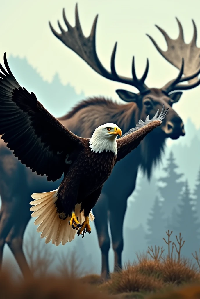 Bald eagle in the foreground and a moose superimposed.