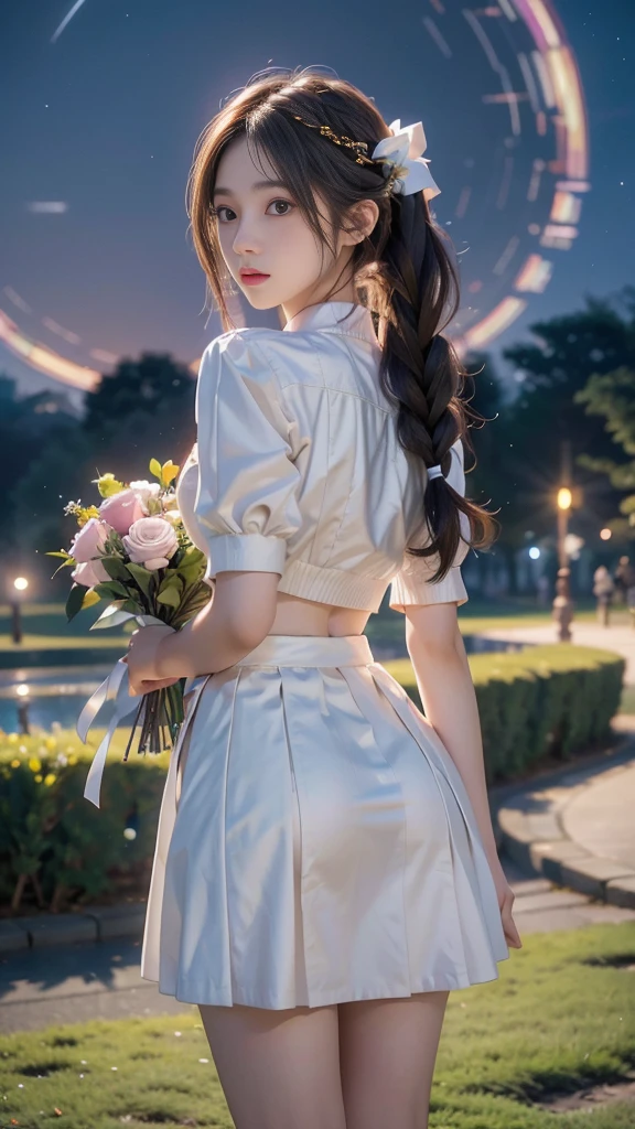ulzzang-6500-v1.1, (RAW photo: 1.2), (Real photo), (Real photo: 1.4), 1 girl、Perfect anatomy、19 years old、Looking at the camera、((from behind), Medium length hair、side braid, short white uniform skirt, holding a bouquet of roses at night, under the starry night sky, ((in the park: 1.1))、(Business service)、Asian eyes Ella,
