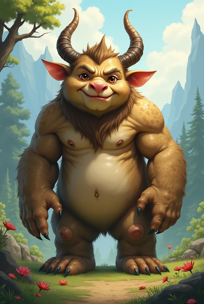 ultra-detailed, masterpiece, masterwork, high quality, best quality, hdr, (nature), posted on e621, (by Chunie ), nsfw, male, solo, chibi, ((nude, micropenis, foreskin, perfect balls)), (red hairy body minotaur), dragon, (white body), (long brown hair, yellow eyes), standing, from below, dynamic angle