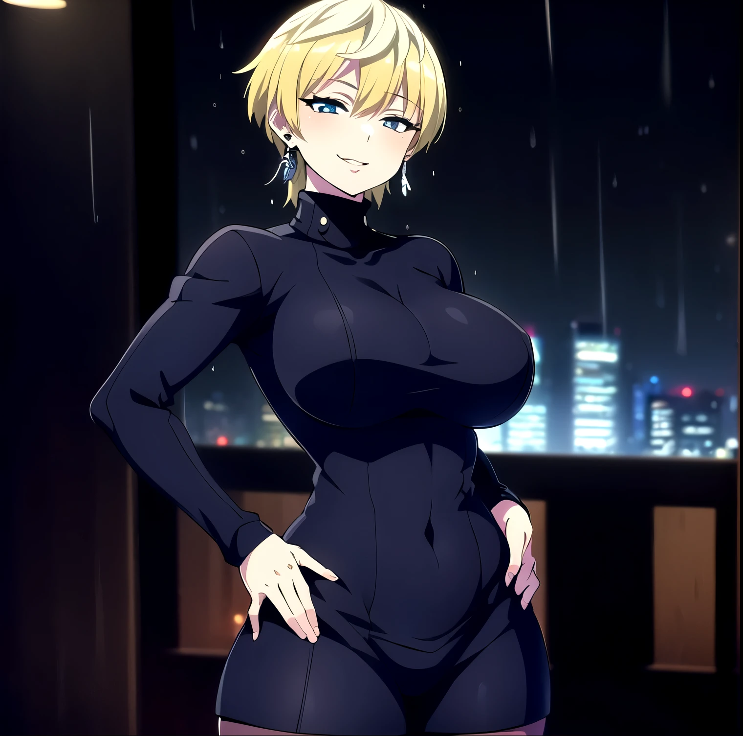 ((1girl)),((alone)),Tenka Izumo, (mato seihei no slave),(masterpiece), (best quality), (ultra detailed), (best illustration), (best shadow), (absurdities) , sharp focus, cowboy shot, atmospheric perspective, depth of field, dynamic posture looking at viewer, big breasts, narrow waist, wide hips, wide thighs, round butt, erotic, romantic, (very detailed eyes, lips 1.1), eyes very detailed, eyes, Very detailed face, Very beautiful face, Symmetrical face, Aesthetic face, perfect face, perfect eyes, detailed eyelashes: 1.5), full height, beautiful slim figure, femininity, expressive appearance, elastic big breasts, sexuality, lips half open, izumo, short hair, blue eyes, blonde hair, smile, thighs, jewelry, earrings, black skirt:1.3, short skirt, tight skirt, long sleeves:1.2, jewelry, black pantyhose:1.3, earrings, blue sweater:1.4 , fitted sweater, turtleneck, turtleneck sweater, , hand on hip, curves, defined body, Perfect and beautiful body, perfect and beautiful, closed mouth, flirtatious expression, smile, blushing, (sexy pose: 1.2), ((solo)), standing: 1.3, ((outdoor ,urban landscape, city, streets, metropolis, night, city lights, rainy landscape)), looking forward, ((focus on hips:1.3)), point of view: (from middle), perfect anatomy, perfect hands