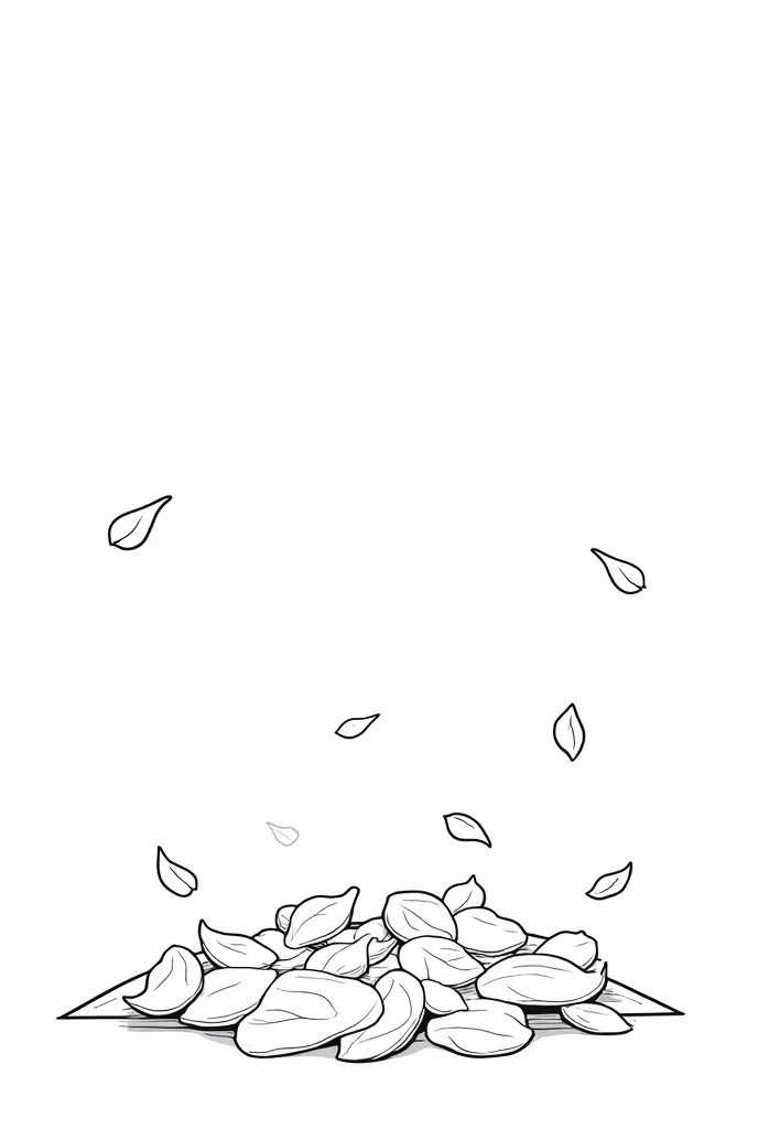 non-coloured, coloring pages for adults, an image of a whimsical collection of fallen leaves in different shapes and sizes, scattered across a rustic wooden table, cartoon style, thick lines, low detail, black and white, no shading,