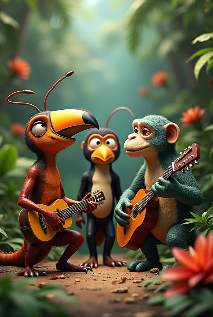 A band of humanoid animals containing an ant, a toucan, a monkey and a lizard