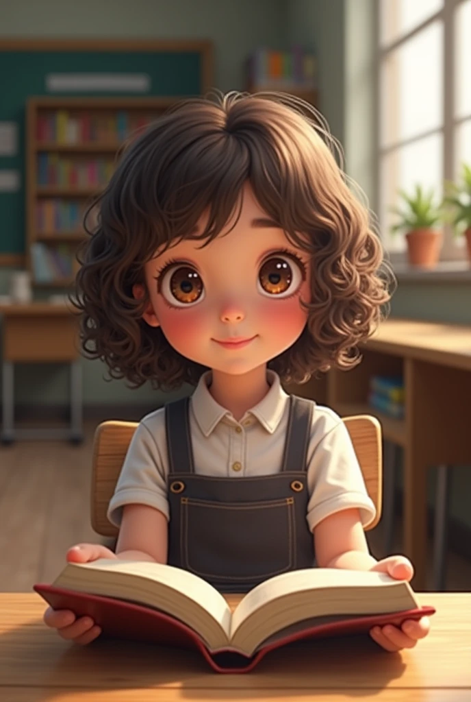 I want you to create a 6 year old, Brunetette , brown curly hair to shoulder ,eyes browns,with book in hands wearing school clothes